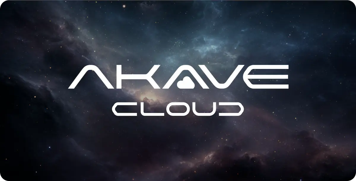 Akave Cloud logo with a stylized font and star symbol on a space-themed background